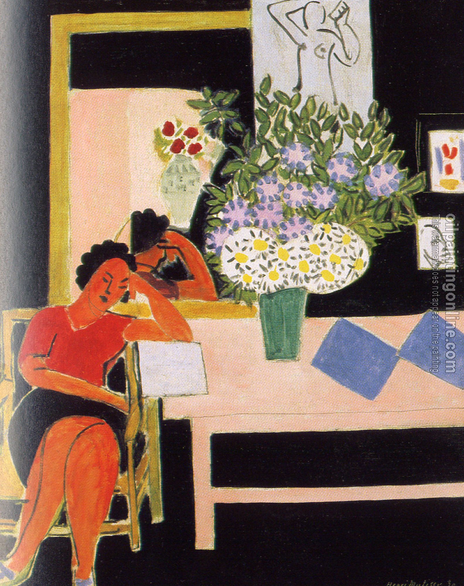 Matisse, Henri Emile Benoit - woman reading on a black background